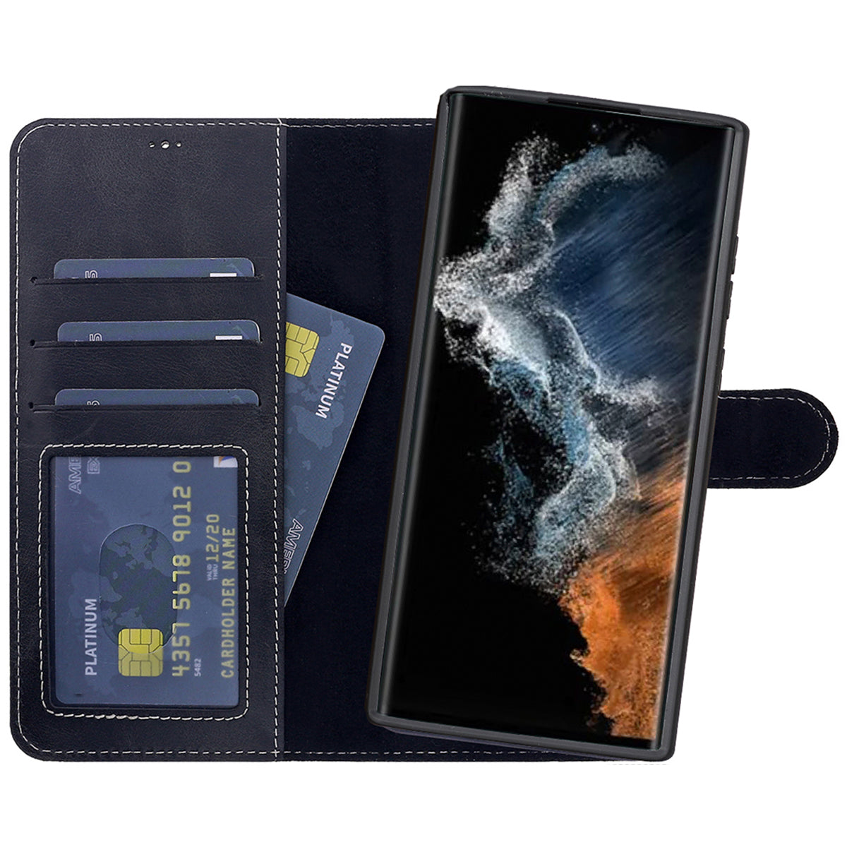 2-in-1 Lederhülle für Galaxy S22 Ultra – Book-Case mit Kartenfach | Schwarz