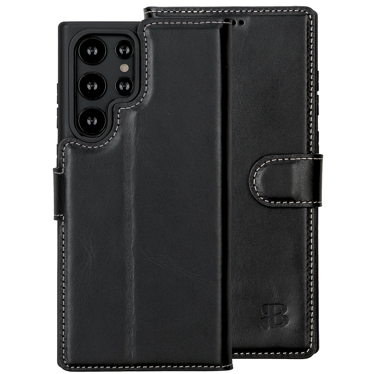 2-in-1 Lederhülle für Galaxy S22 Ultra – Book-Case mit Kartenfach | Schwarz