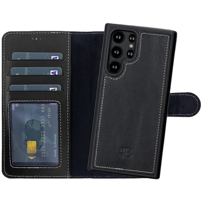2-in-1 Lederhülle für Galaxy S22 Ultra – Book-Case mit Kartenfach | Schwarz
