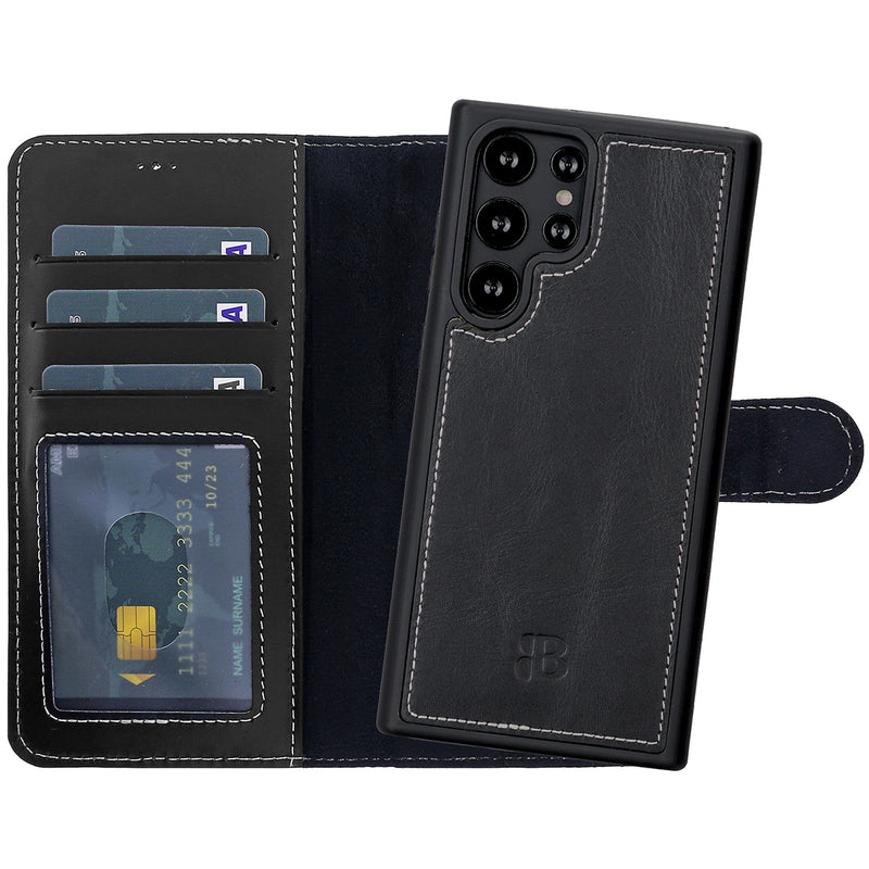 2-in-1 Lederhülle für Galaxy S22 Ultra – Book-Case mit Kartenfach | Schwarz