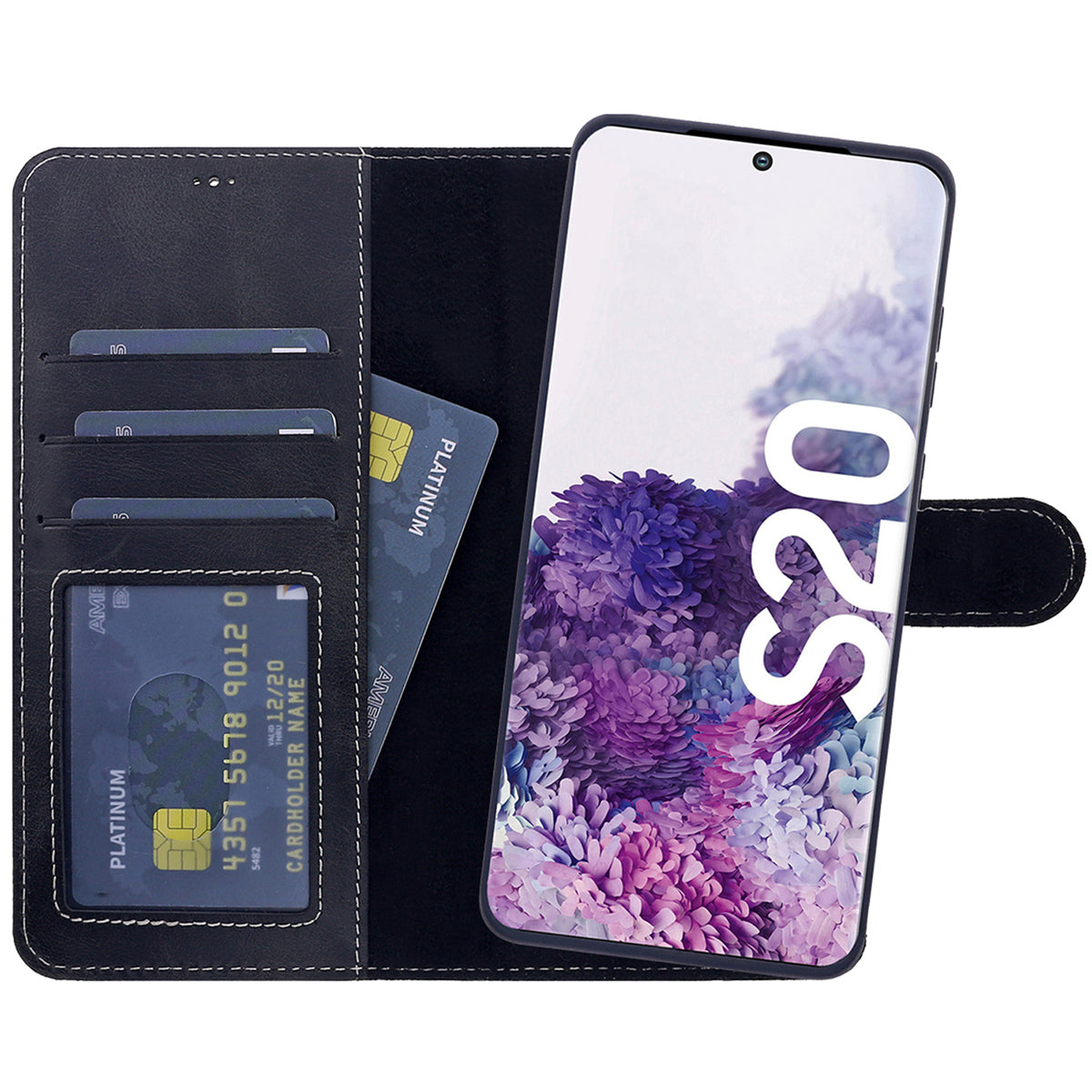 2-in-1 Lederhülle für Galaxy S20 – Book-Case mit Kartenfach | Schwarz
