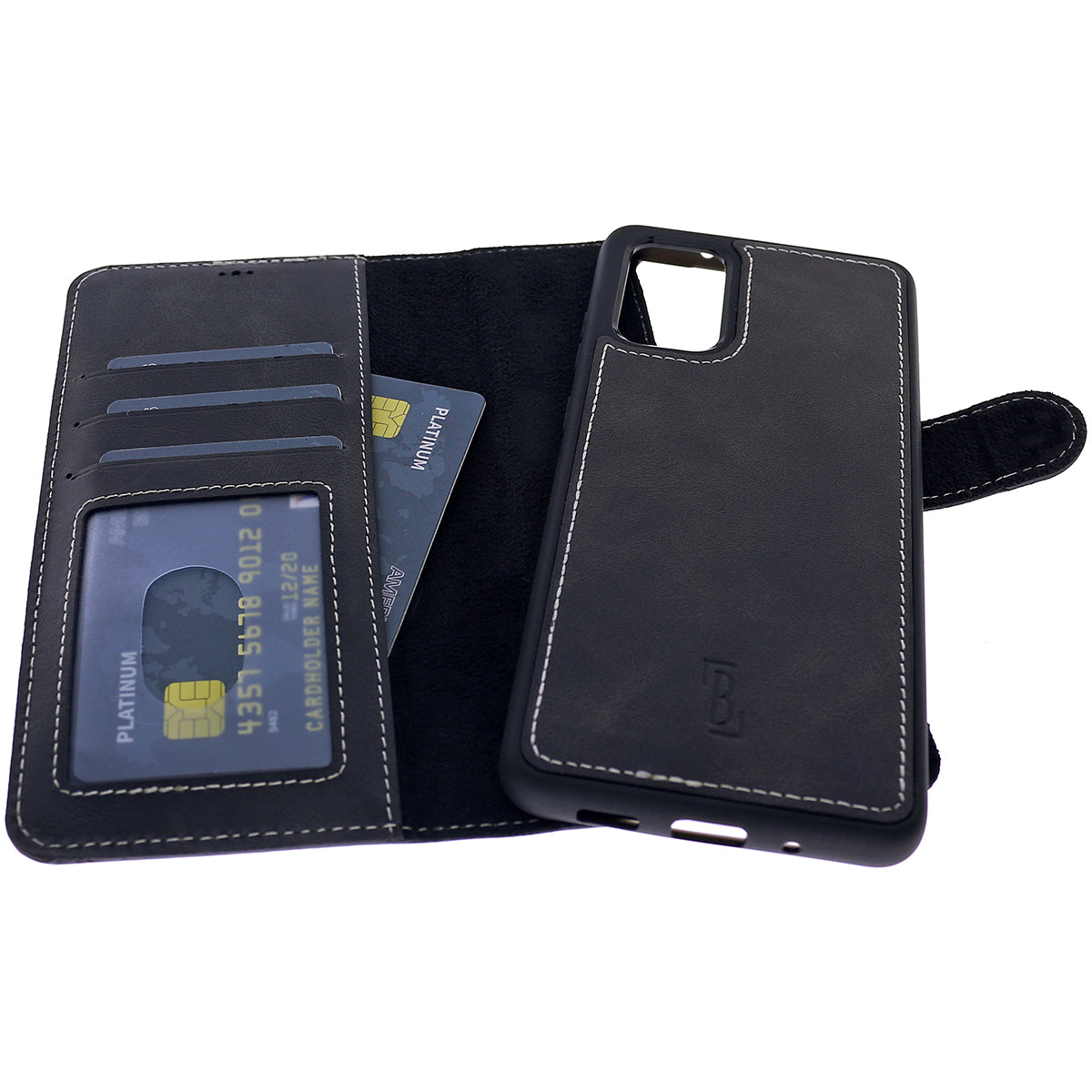 2-in-1 Lederhülle für Galaxy S20 – Book-Case mit Kartenfach | Schwarz