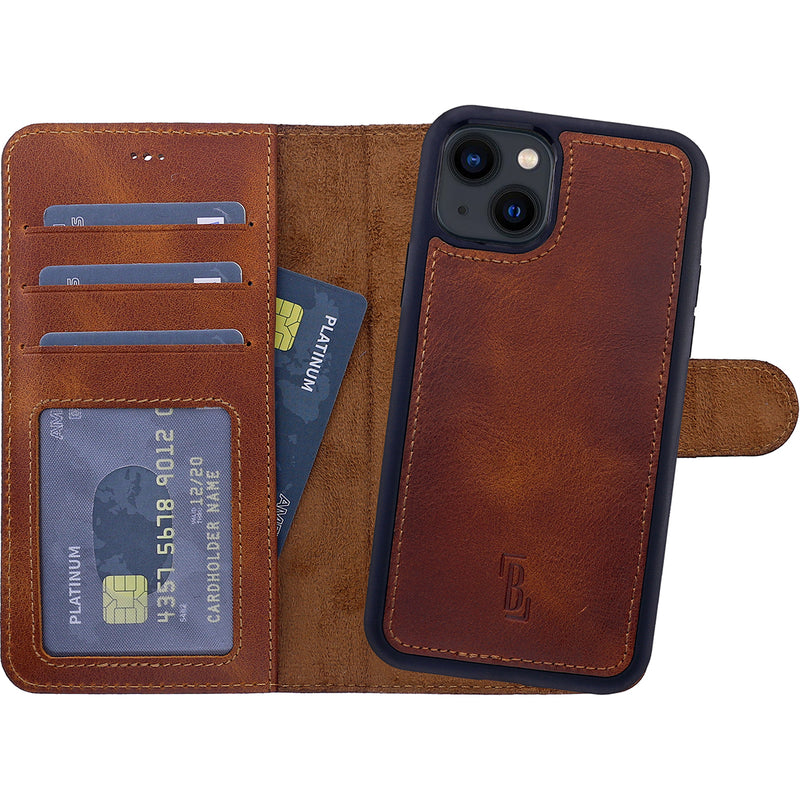 2-in-1 Lederhülle für iPhone 14 Plus Book-Style mit Magnet-Case | Braun