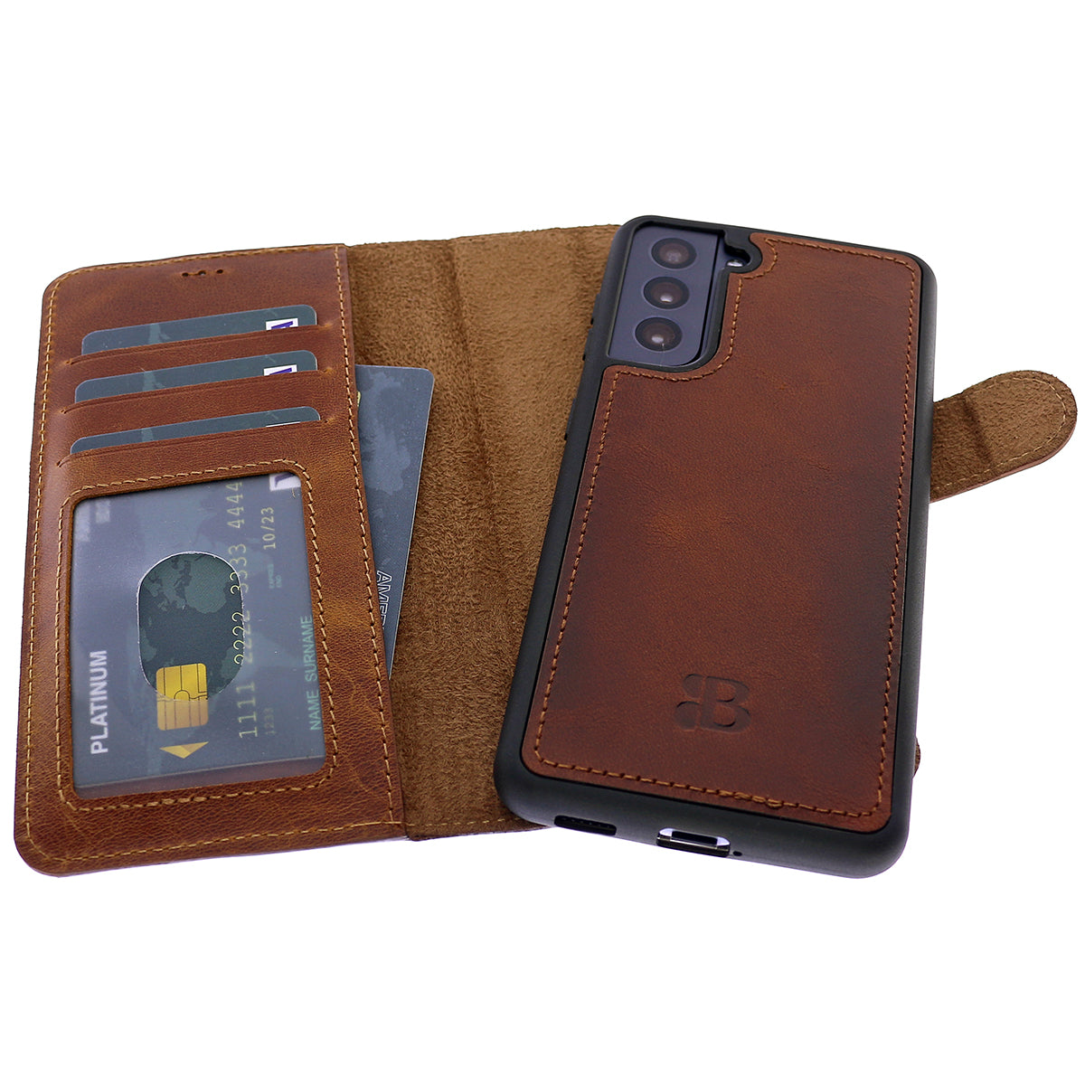 2-in-1 Lederhülle für Galaxy S21 – Book-Case mit Kartenfach | Braun