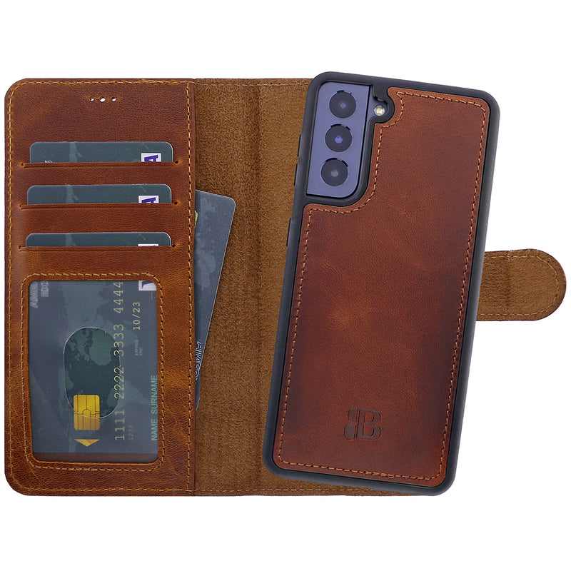 2-in-1 Lederhülle für Galaxy S21 – Book-Case mit Kartenfach | Braun