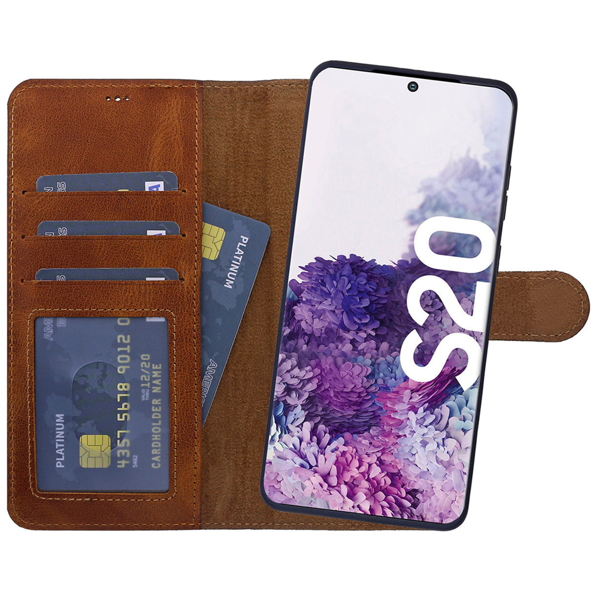 2-in-1 Lederhülle für Galaxy S20 – Book-Case mit Kartenfach | Braun