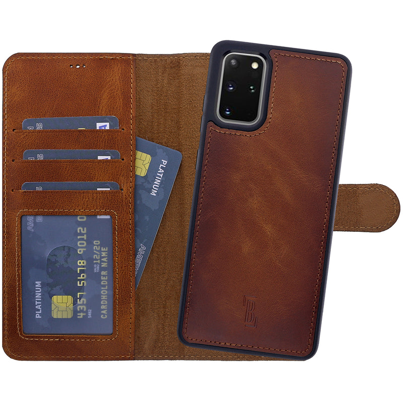 2-in-1 Lederhülle für Galaxy S20 – Book-Case mit Kartenfach | Braun