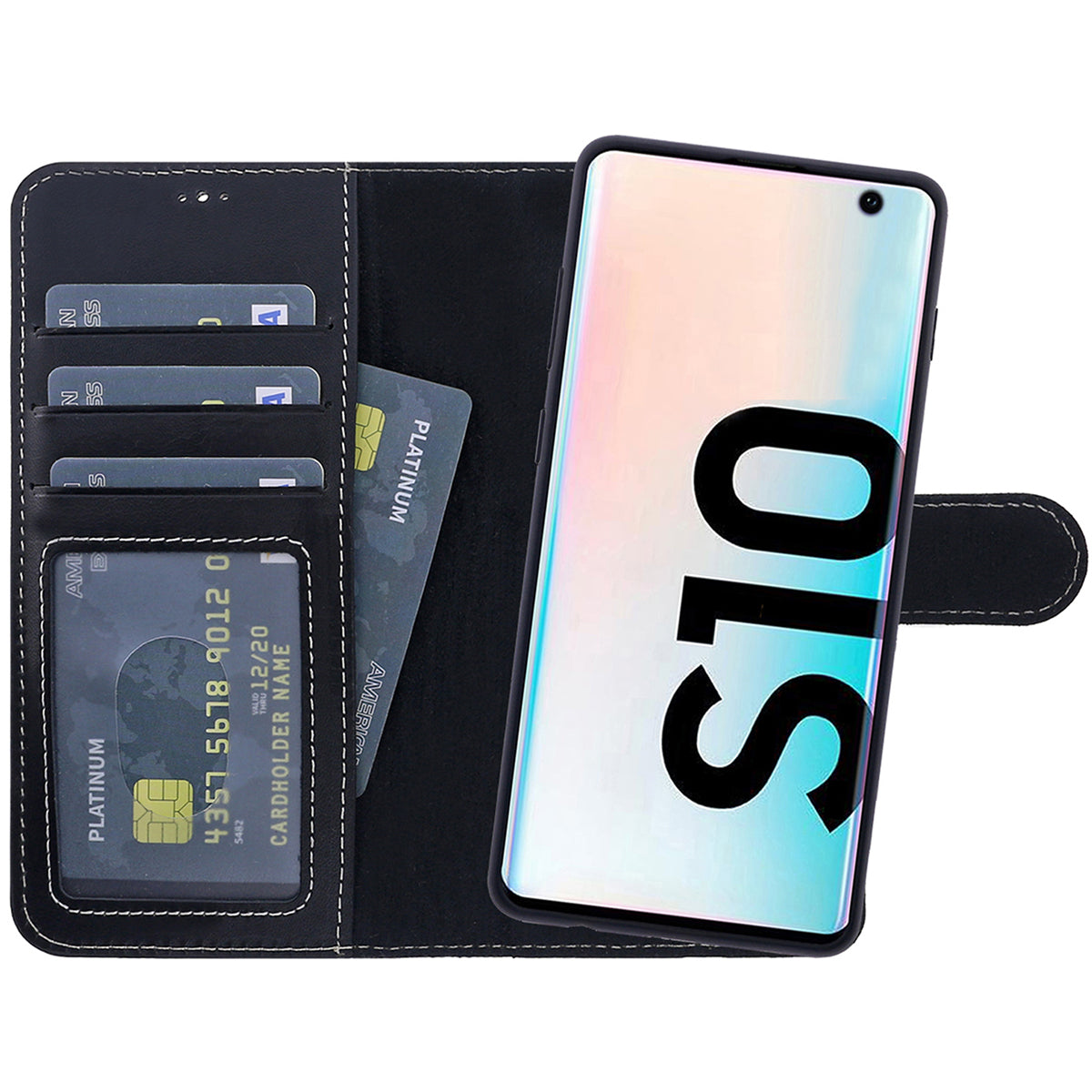 2-in-1 Lederhülle für Galaxy S10 – Book-Case mit Kartenfach | Schwarz