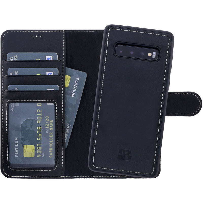 2-in-1 Lederhülle für Galaxy S10 – Book-Case mit Kartenfach | Schwarz