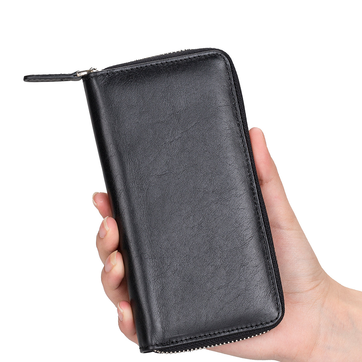 Leder Reisebrieftasche mit Reißverschluss – 16 Kartenfächer | Schwarz