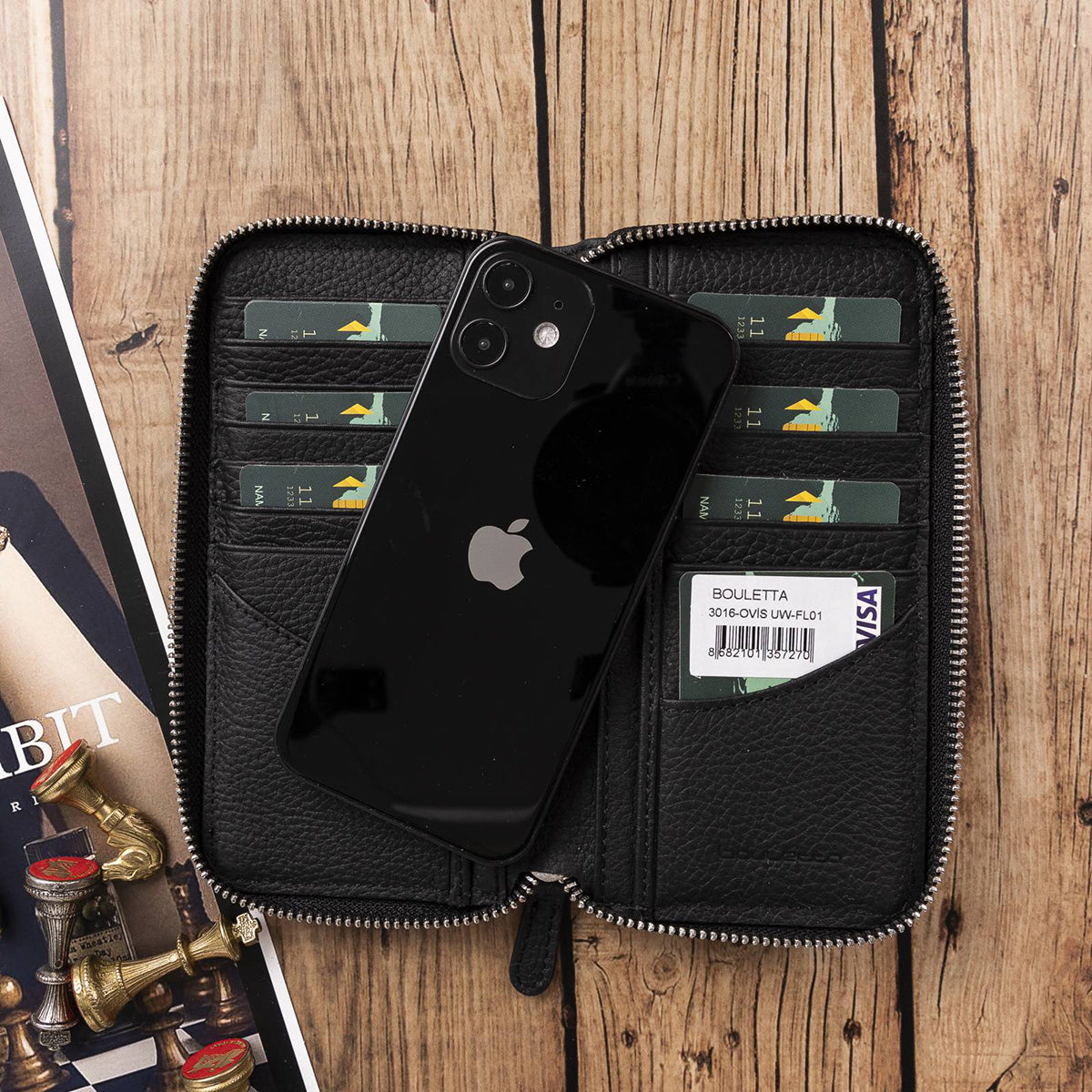 Leder Reisebrieftasche mit Reißverschluss – 16 Kartenfächer | Schwarz