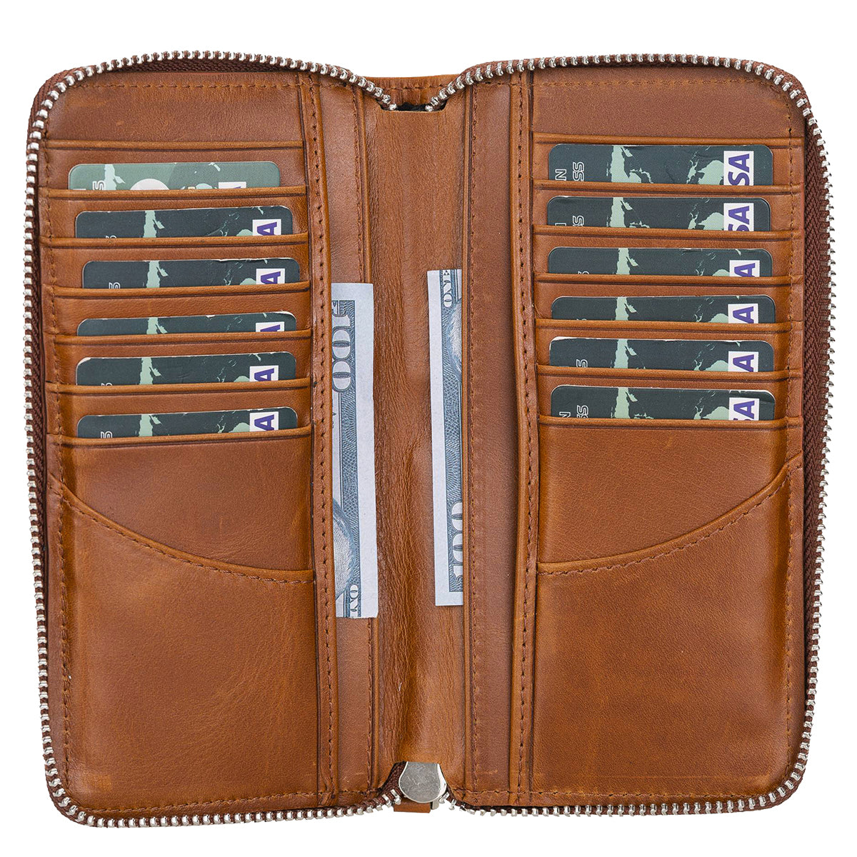 Leder Reisebrieftasche mit Reißverschluss – 16 Kartenfächer | Sattelbraun