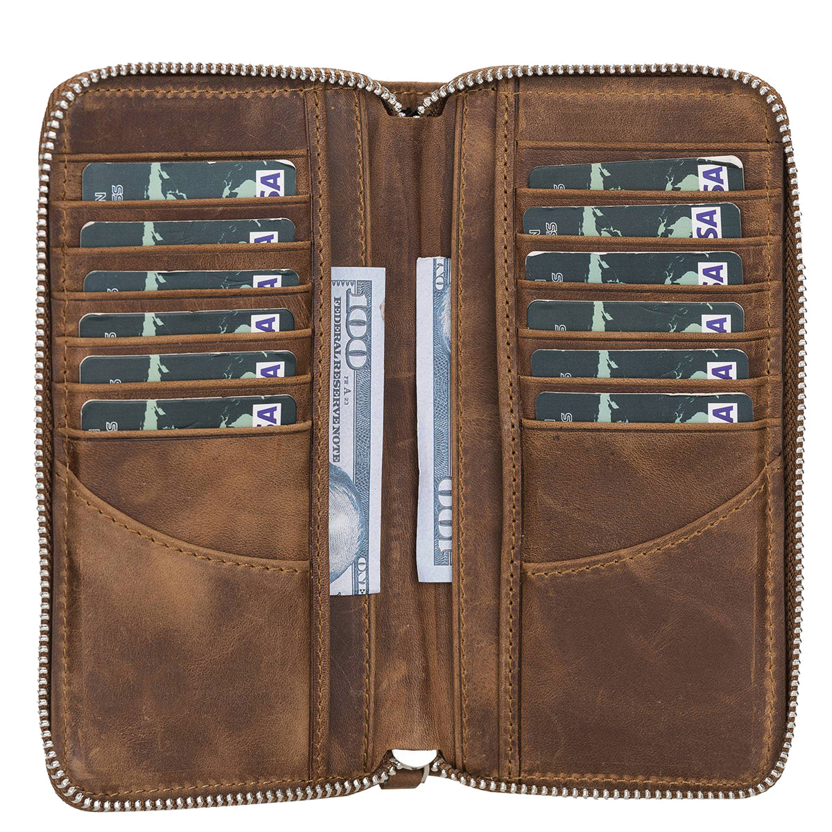 Leder Reisebrieftasche mit Reißverschluss – 16 Kartenfächer | Kaffeebraun