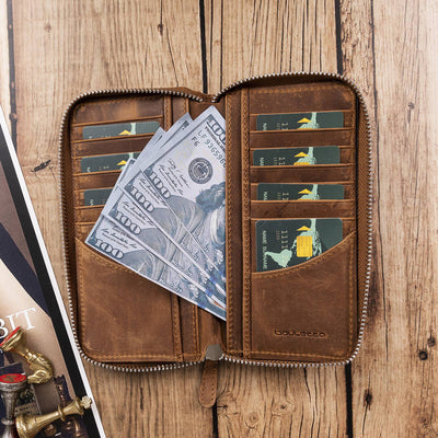 Leder Reisebrieftasche mit Reißverschluss – 16 Kartenfächer | Kaffeebraun – Ansicht 2