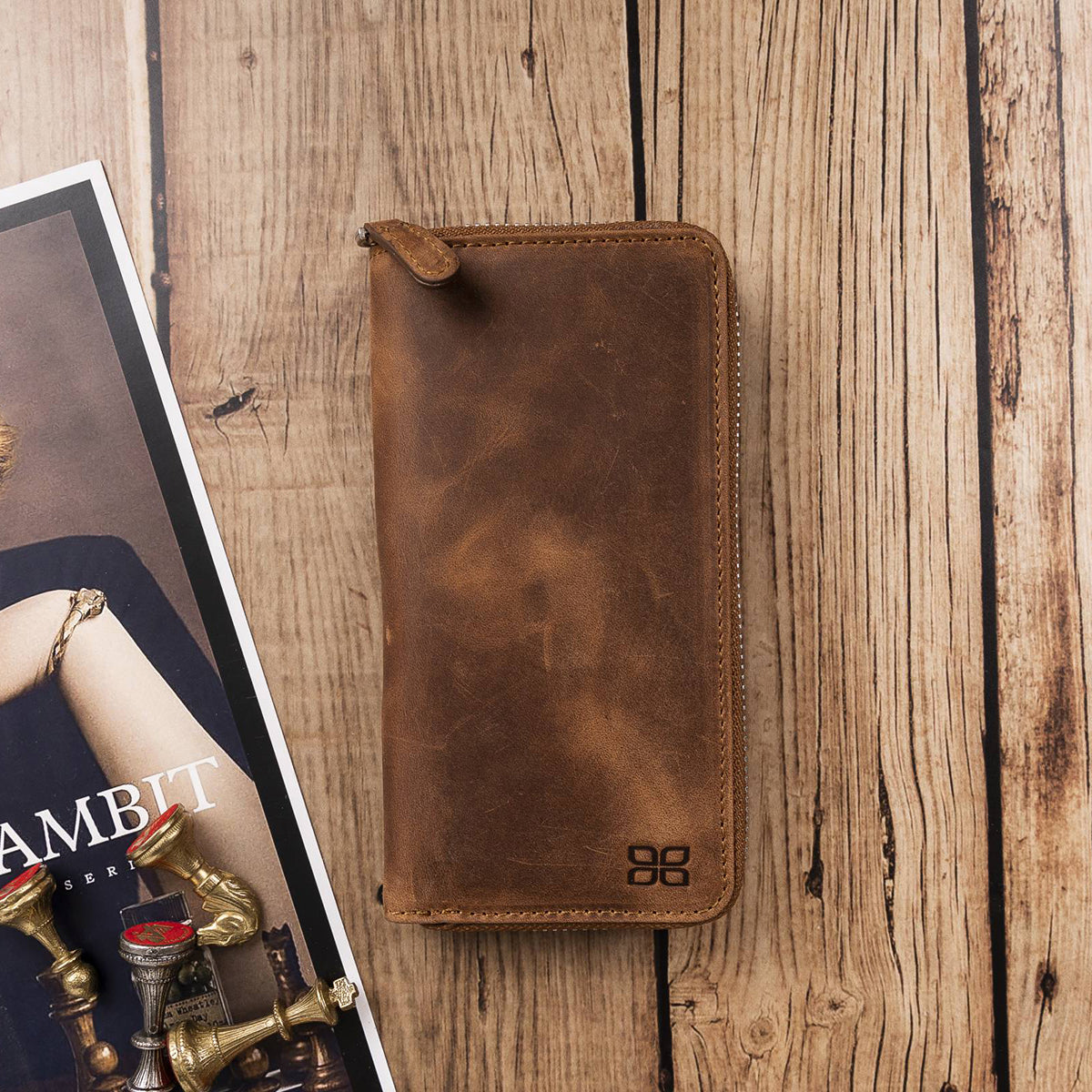 Leder Reisebrieftasche mit Reißverschluss – 16 Kartenfächer | Kaffeebraun