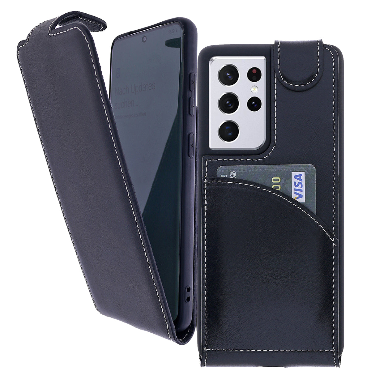 Samsung Galaxy S21 Ultra Leder Flip-Case – Flip-Style mit Kartenfach | Schwarz