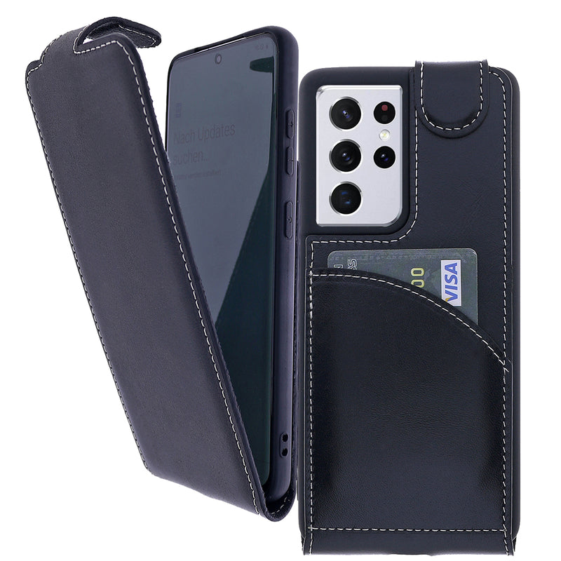 Samsung Galaxy S21 Ultra Leder Flip-Case – Flip-Style mit Kartenfach | Schwarz
