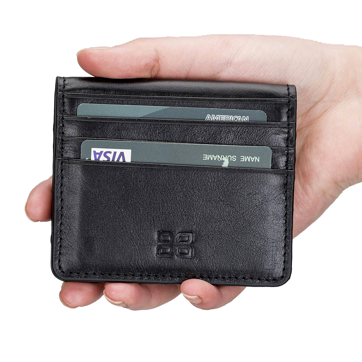 Leder Kartenetui mit Druckknopffach – Slim Wallet | Schwarz