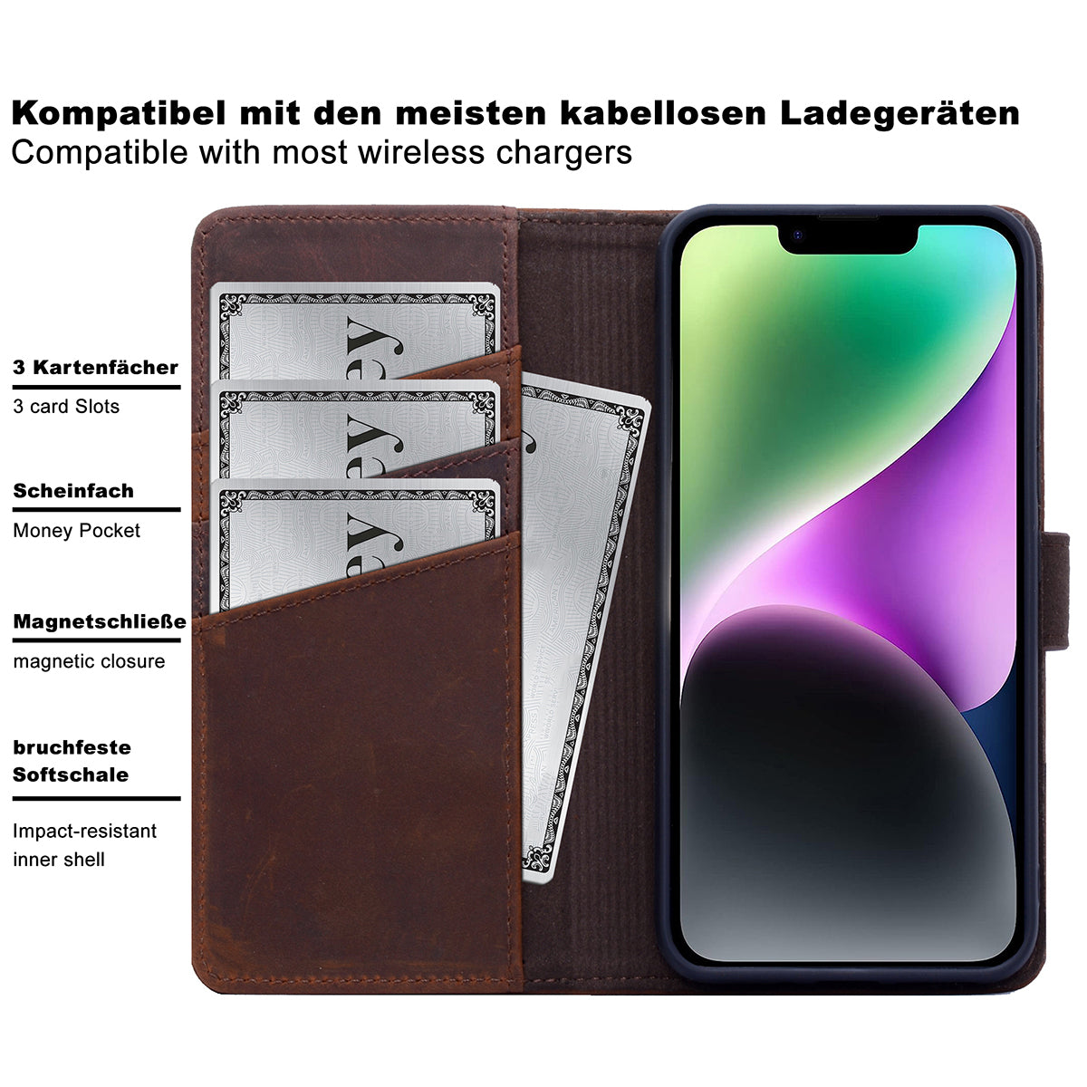 Book-Case Lederhülle für iPhone 14 Pro – Flip-Design mit Kartenfach | Braun