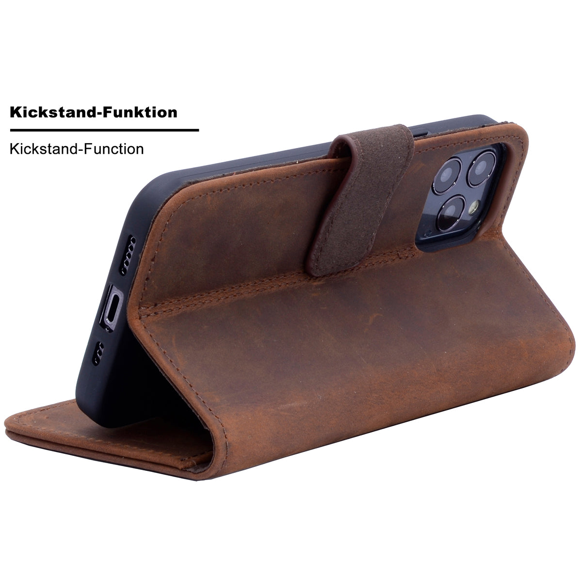 Book-Case Lederhülle für iPhone 14 Pro – Flip-Design mit Kartenfach | Braun
