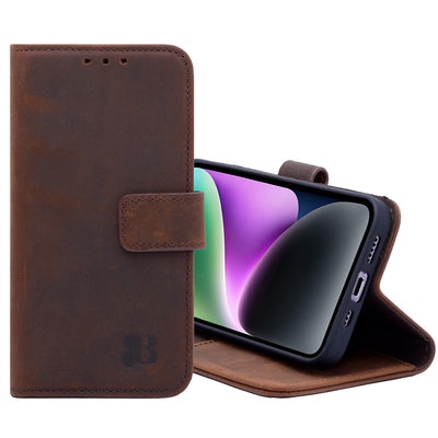 Book-Case Lederhülle für iPhone 14 Pro – Flip-Design mit Kartenfach | Braun