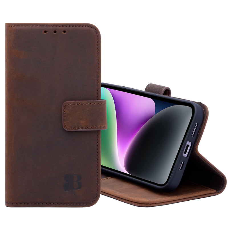 Book-Case Lederhülle für iPhone 14 Pro – Flip-Design mit Kartenfach | Braun