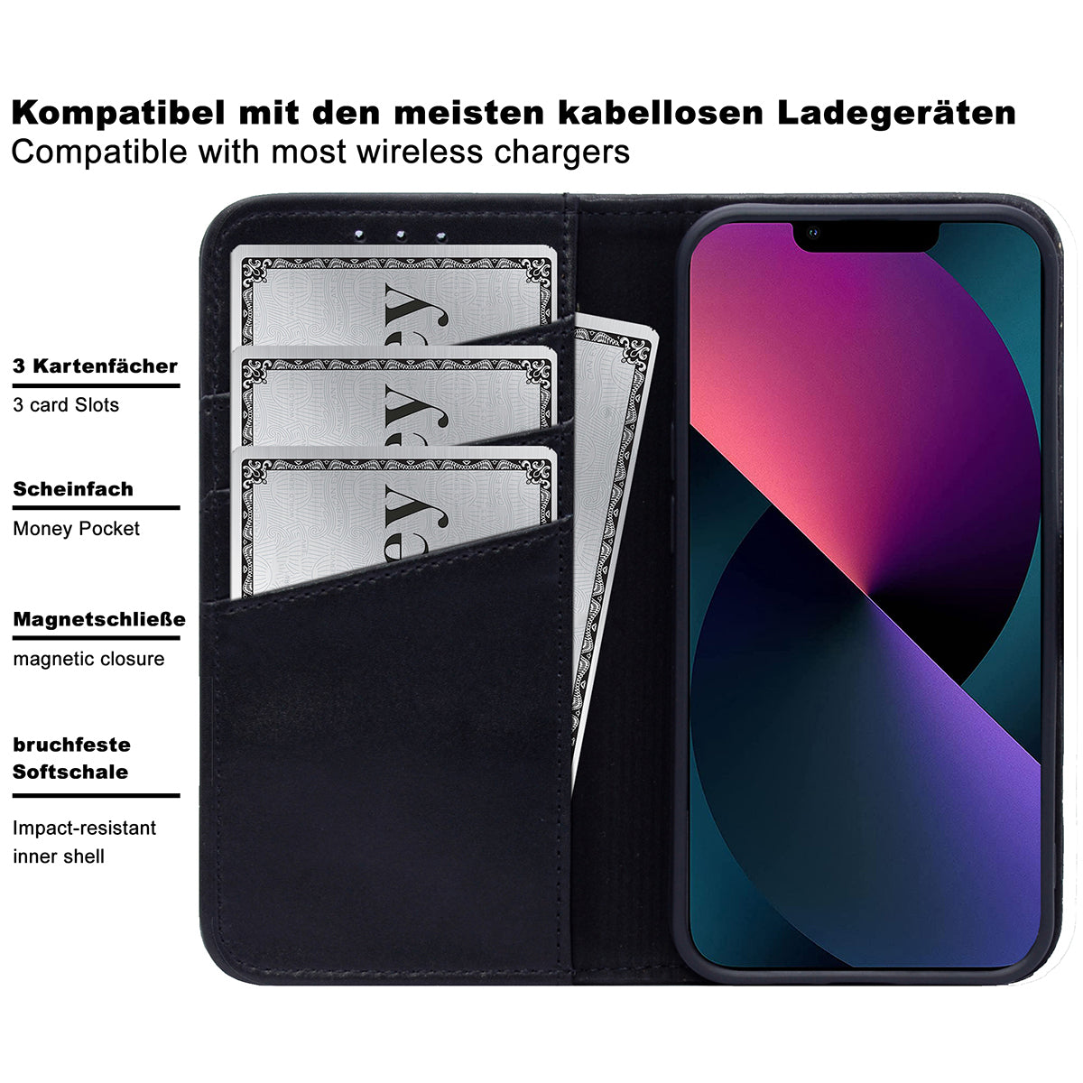 Book-Case Lederhülle für iPhone 12 / 12 Pro – Flip-Design mit Kartenfach | Schwarz