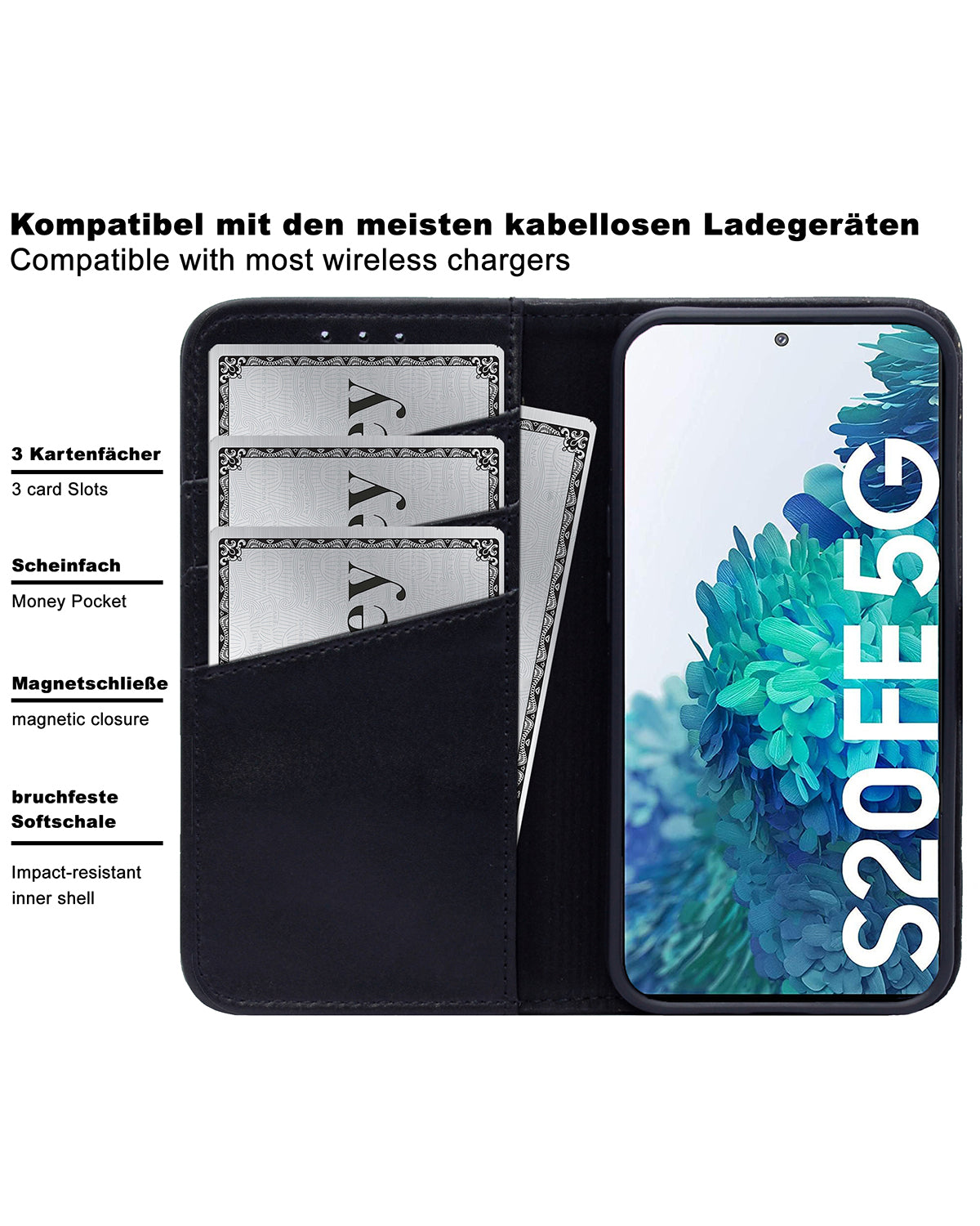 Samsung Galaxy S20 FE Leder Book-Case – Wallet Hülle | Schwarz