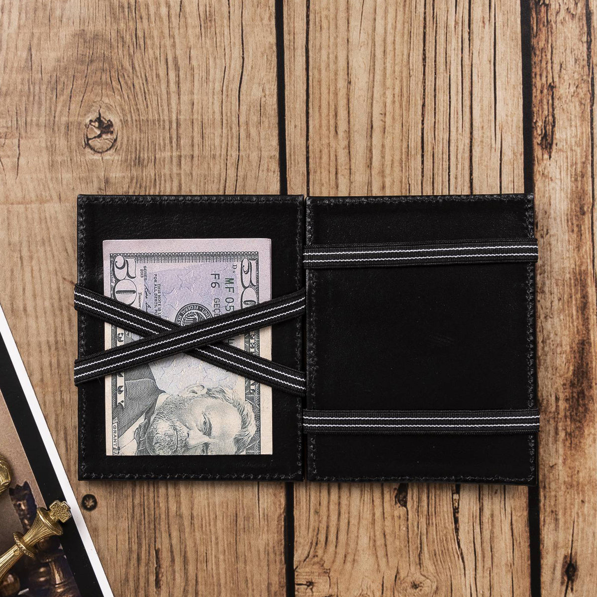 Magic Wallet aus Leder – Kreditkartenetui mit Gummizug-Scheinhalter | Schwarz